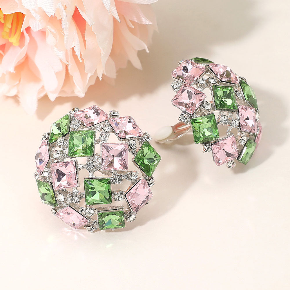 Square Stone Cluster Embellished Dome Evening Clip On Earrings