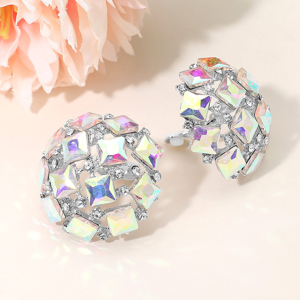 Square Stone Cluster Embellished Dome Evening Clip On Earrings