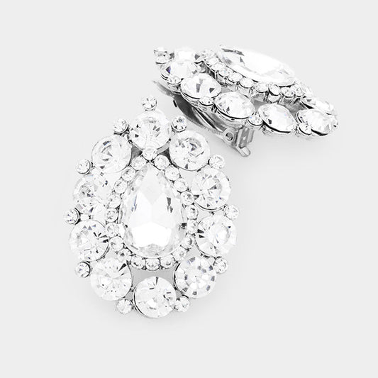 Crystal Round Trimmed Teardrop Clip On Evening Earrings