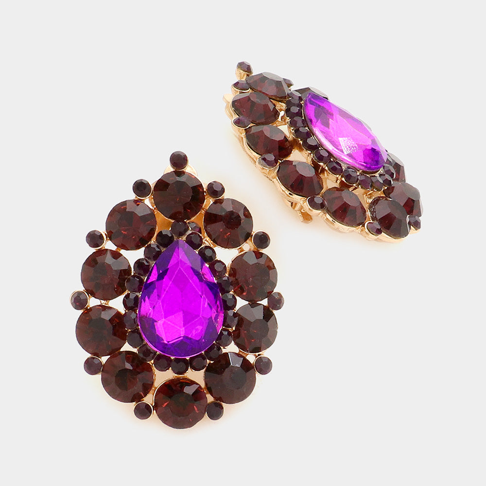Crystal Round Trimmed Teardrop Clip On Evening Earrings