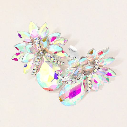 Teardrop Stone Accented Clip on Evening Earrings