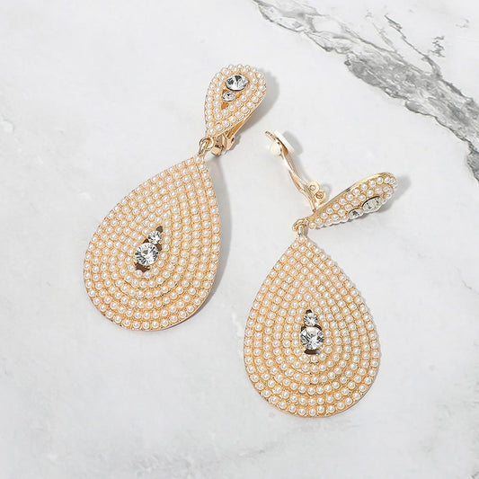 Bubble Pearl Stone Teardrop Dangle Evening Clip on Earrings
