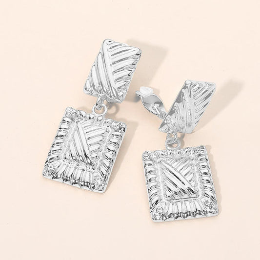 Textured Metal Geometric Rectangle Frame Drop Clip On Earrings