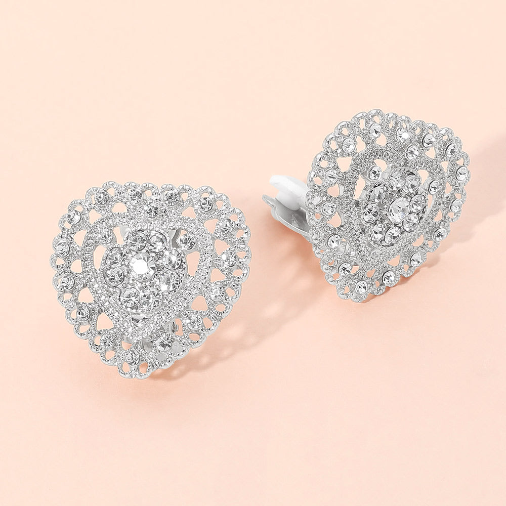 Rhinestone Embellished Heart Clip On Earrings