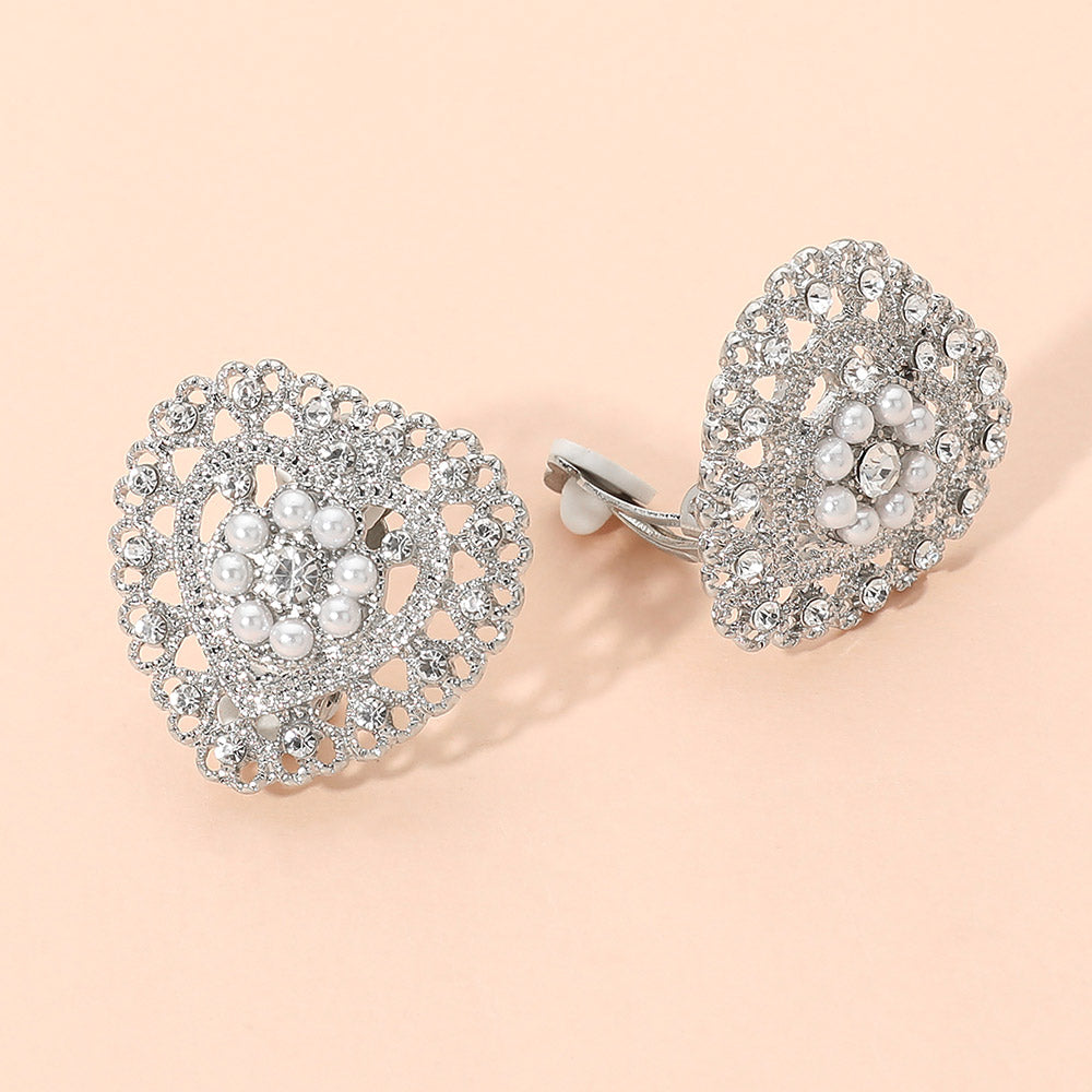 Rhinestone Pearl Embellished Heart Clip On Earrings