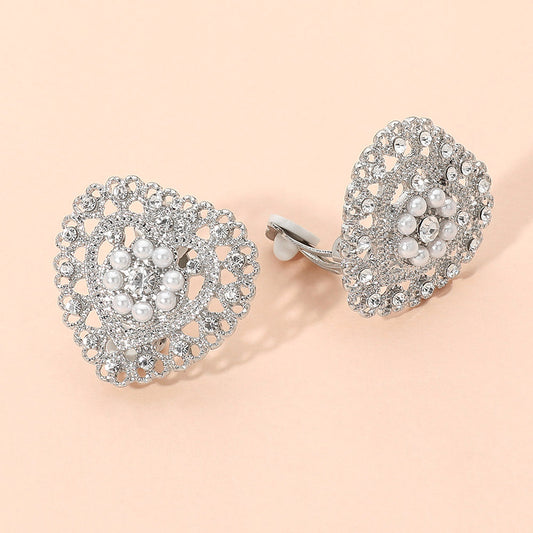 Rhinestone Pearl Embellished Heart Clip On Earrings