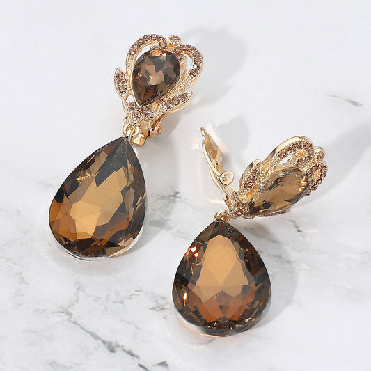 Ornate Top Faceted Teardrop Stone Dangle Clip On Evening Earrings