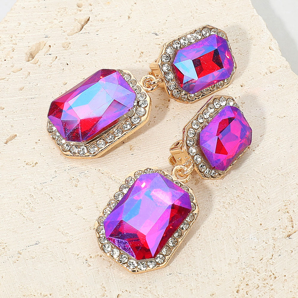 Elegant Rectangle Crystal Drop Dangle Evening Clip On Earrings