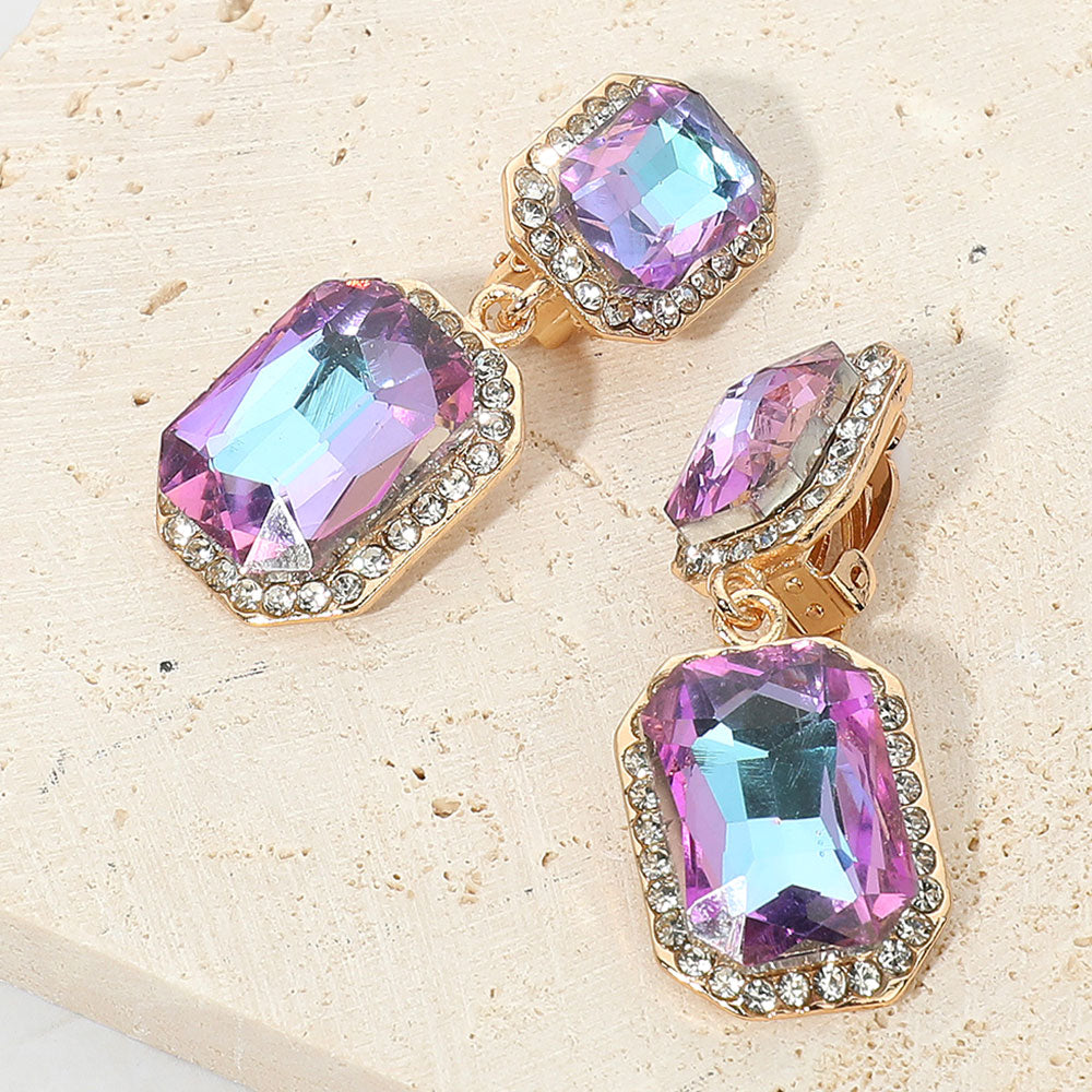 Elegant Rectangle Crystal Drop Dangle Evening Clip On Earrings