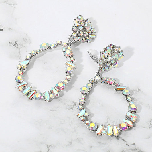 Bold Mixed Shaped Stone Cluster Embellished Open Teardrop Dangle Evening Clip On Earrings