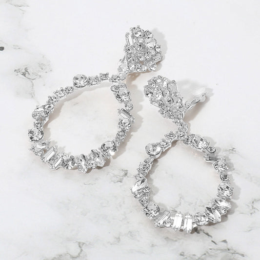 Bold Mixed Shaped Stone Cluster Embellished Open Teardrop Dangle Evening Clip On Earrings