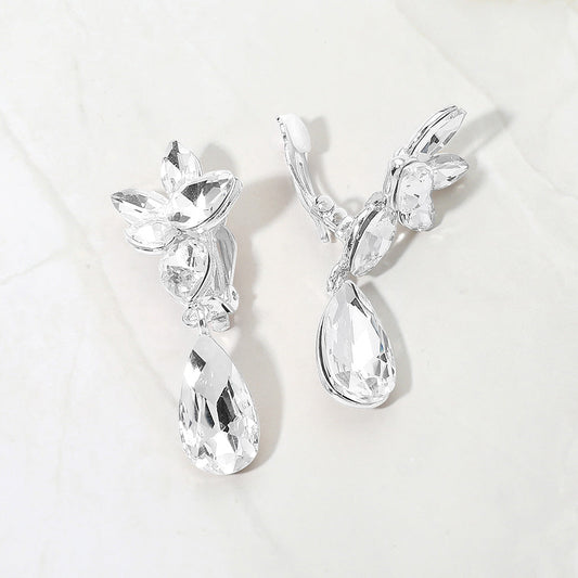 Marquise Stone Cluster Floral Teardrop Link Evening Clip On Earrings