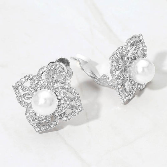 Pearl Center Rhinestone Pave Flower Clip On Earrings