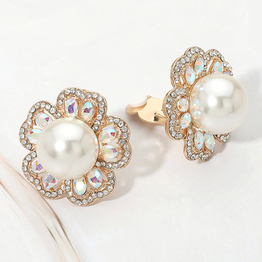 Pearl Center Rhinestone Embellished Floral Clip On Earrings