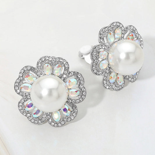 Pearl Center Rhinestone Embellished Floral Clip On Earrings