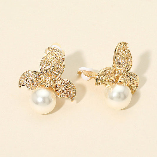 Textured Metal Floral Pearl Drop Clip On Earrings