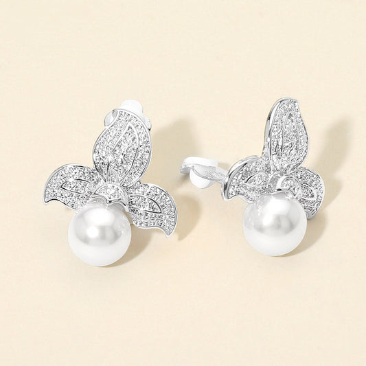 Textured Metal Floral Pearl Drop Clip On Earrings