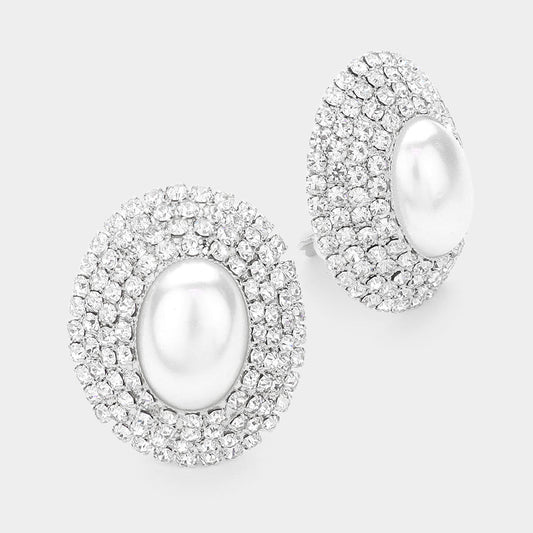 Oval Crystal Pearl Clip On Earrings