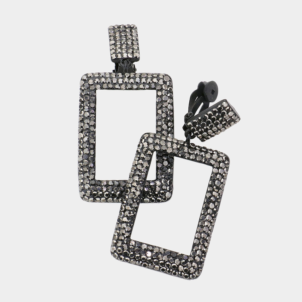 Rhinestone Embellished Open Rectangle Dangle Evening Earrings