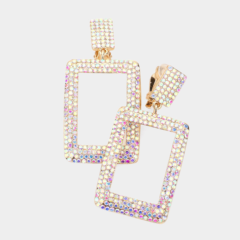 Rhinestone Embellished Open Rectangle Dangle Evening Earrings