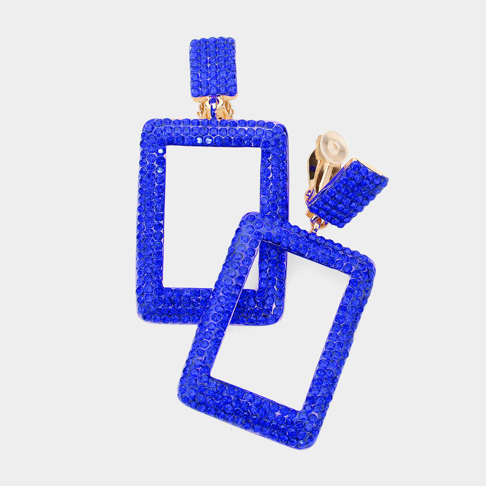 Rhinestone Embellished Open Rectangle Dangle Evening Earrings