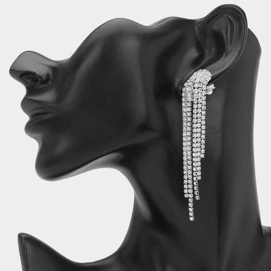 Crystal Rhinestone Long Fringe Clip on Earrings