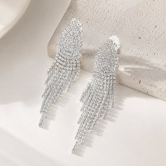 Crystal Rhinestone Pave Fringe Evening Clip on Earrings