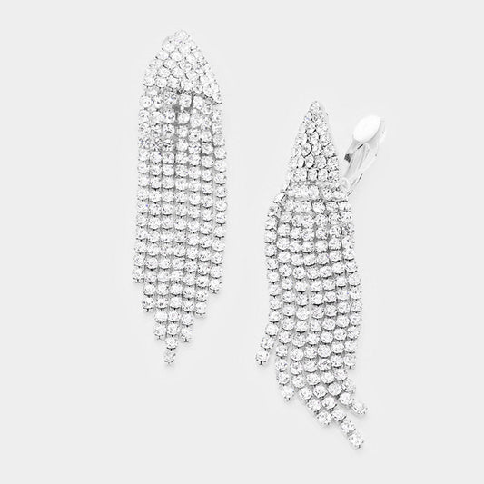 Rhinestone Statement Fringe Drop Evening Clip On Earrings