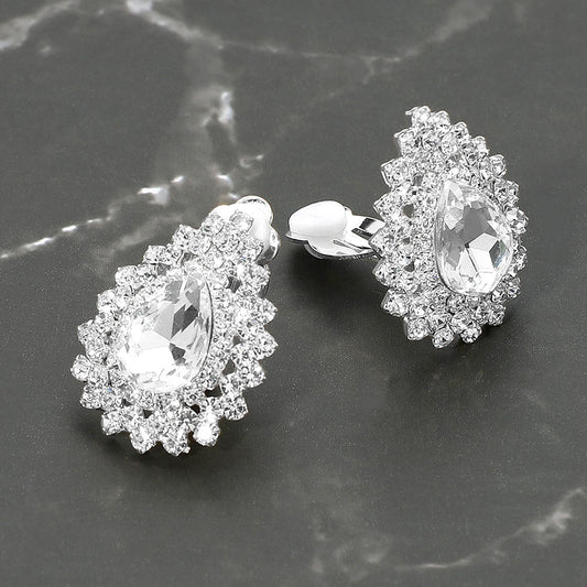 Teardrop Cluster Evening Clip On Earrings