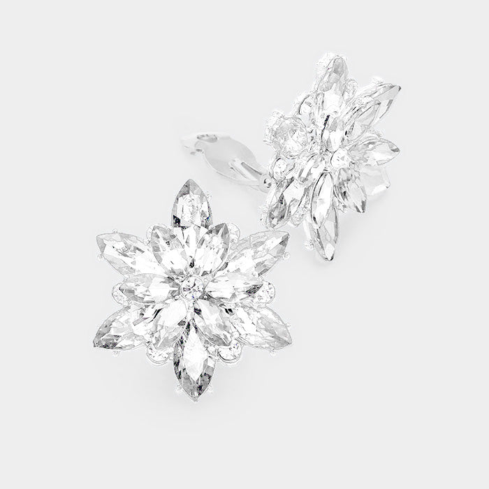 Crystal Flower Clip on Evening Earrings
