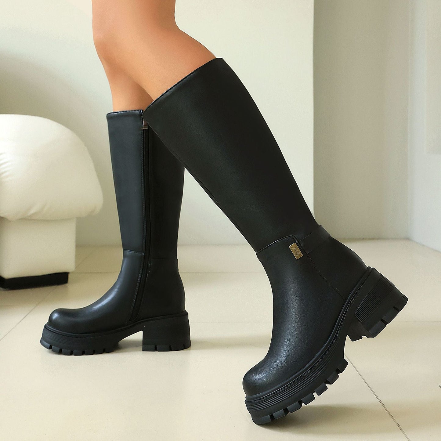 Women's Chunky Heel Knee-High Boots – Faux Suede & PU Platform Block Heel