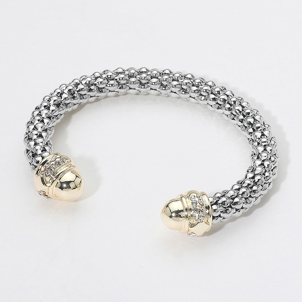 Two Tone Stone Paved Dome Tip Cuff Bracelet