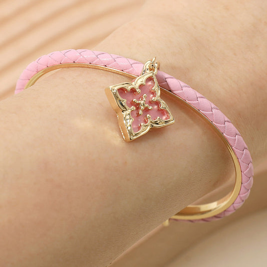 Floral Charm Accent Faux Leather Braided Cuff Bracelet