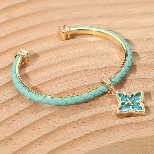 Floral Charm Accent Faux Leather Braided Cuff Bracelet