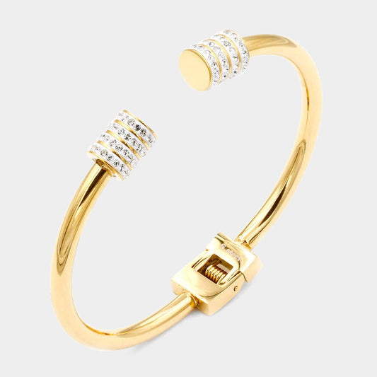 Rhinestone Embellished Tip Stainless Steel Cuff Evening Bracelet