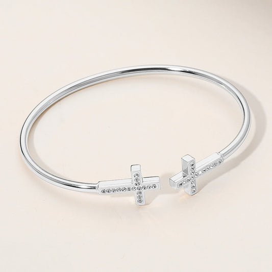 Stainless Steel Stone Paved Cross Tip Cuff Bracelet