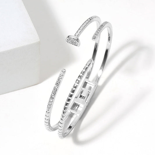 14K Gold Plated CZ Stone Paved Split Nail Head Tip Hinged Cuff Bracelet
