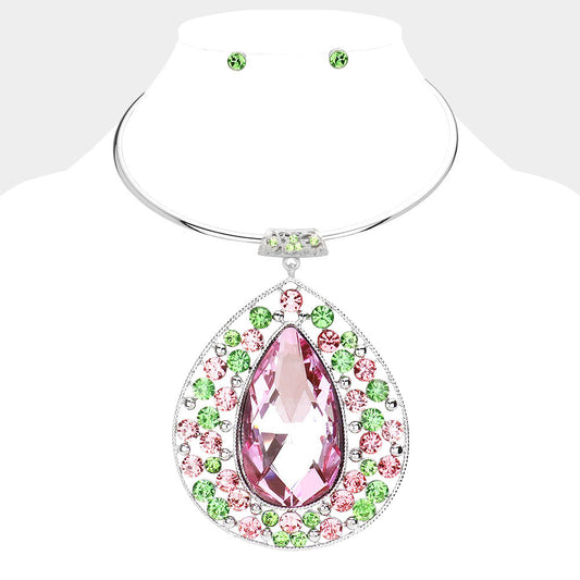 Teardrop Centered Bubble Stone Cluster Choker Evening Necklace