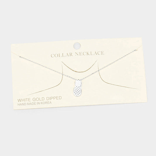White Gold Dipped Metal Pineapple Pendant Collar Necklace