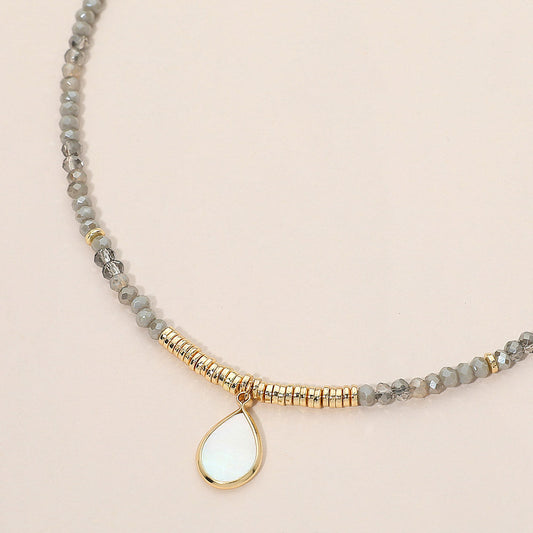 Teardrop Mother of Pearl Pendant Faceted Beaded Choker Necklace