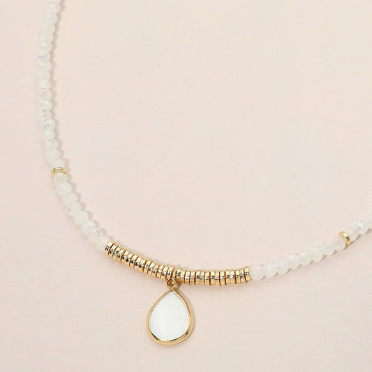 Teardrop Mother of Pearl Pendant Faceted Beaded Choker Necklace