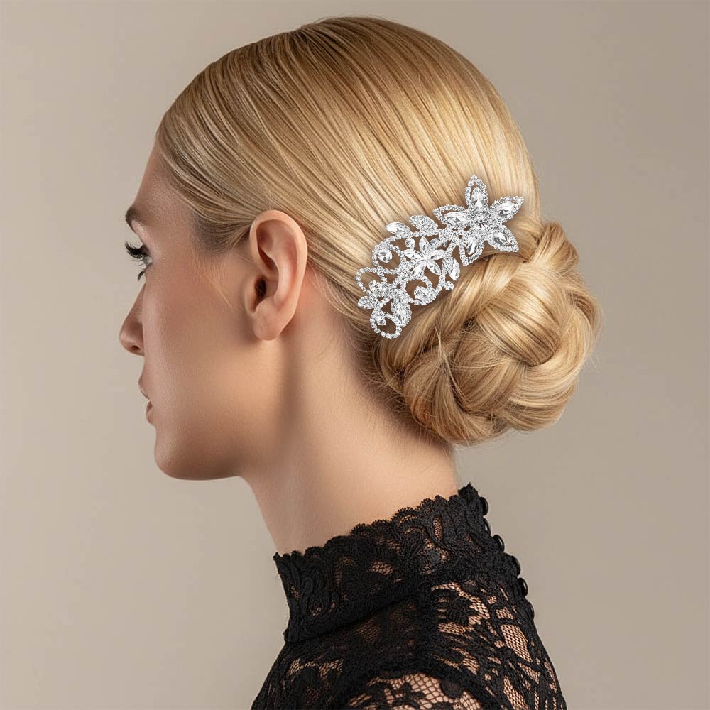 Marquise Stone Cluster Rhinestone Pave Floral Hair Comb