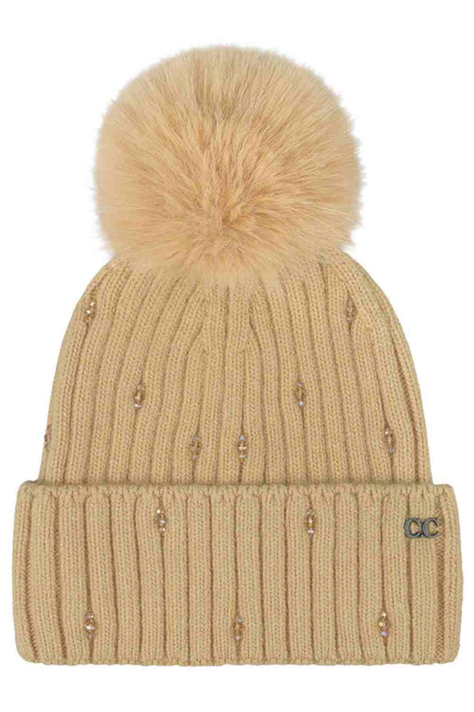 C.C Glass Bead Embellishment Faux Fur Pom Beanie