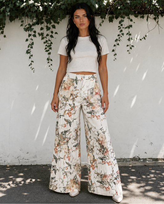 Meadow Vintage Style Floral Print High Waist Wide Leg Jeans