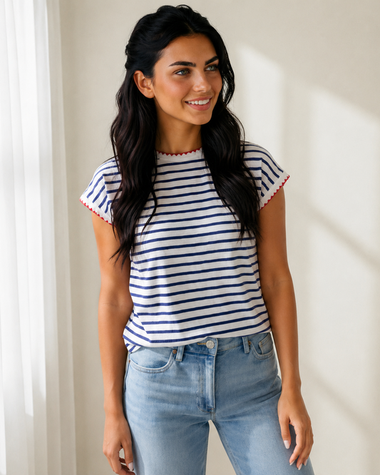 Briar Blue Stripe Tee | Contrast Trim Cap Sleeve Top