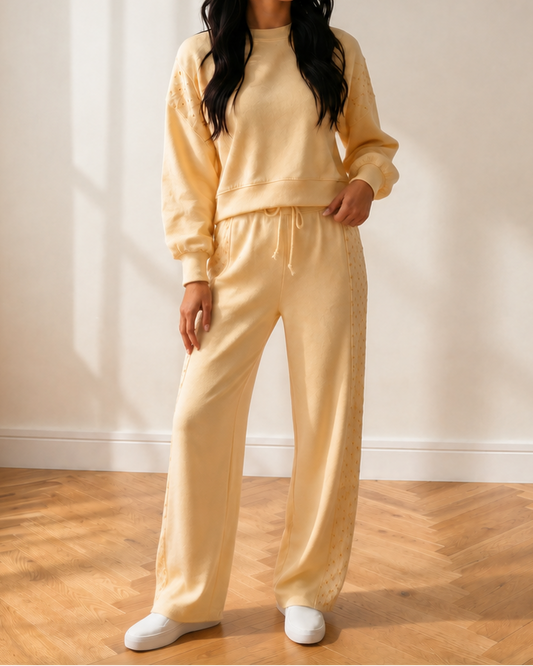 Anna Eyelet Embroidered Lace Patchwork Cropped Pullover Drawstring Pants Set