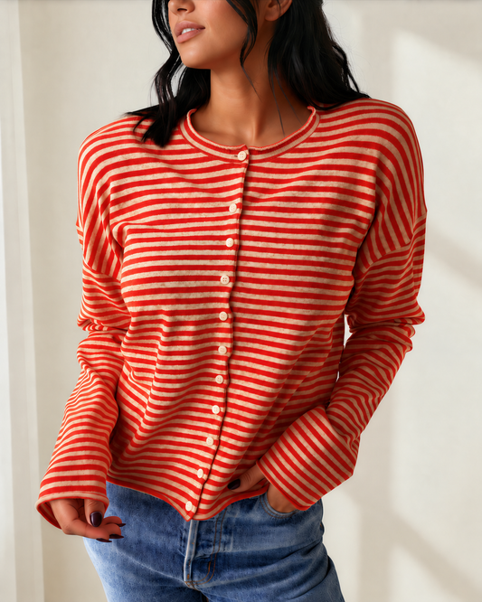 Amelia Red Stripe Cardigan | Collared Button Knit