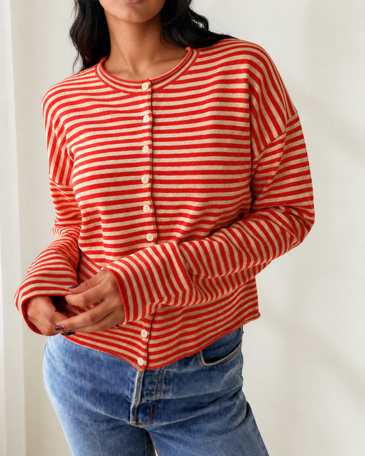 Amelia Red Stripe Cardigan | Collared Button Knit