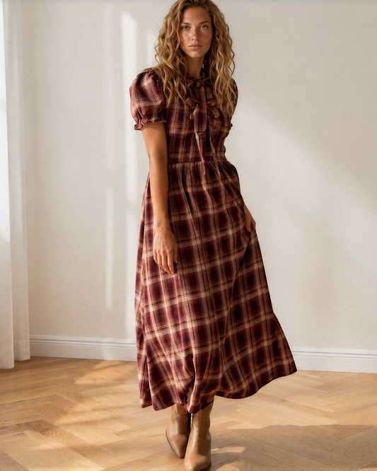Grace Plaid Knot Front Smocked High Waist Midi Dress