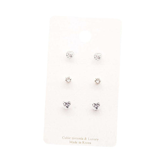3Pairs - CZ Heart Round Stud Earrings Set